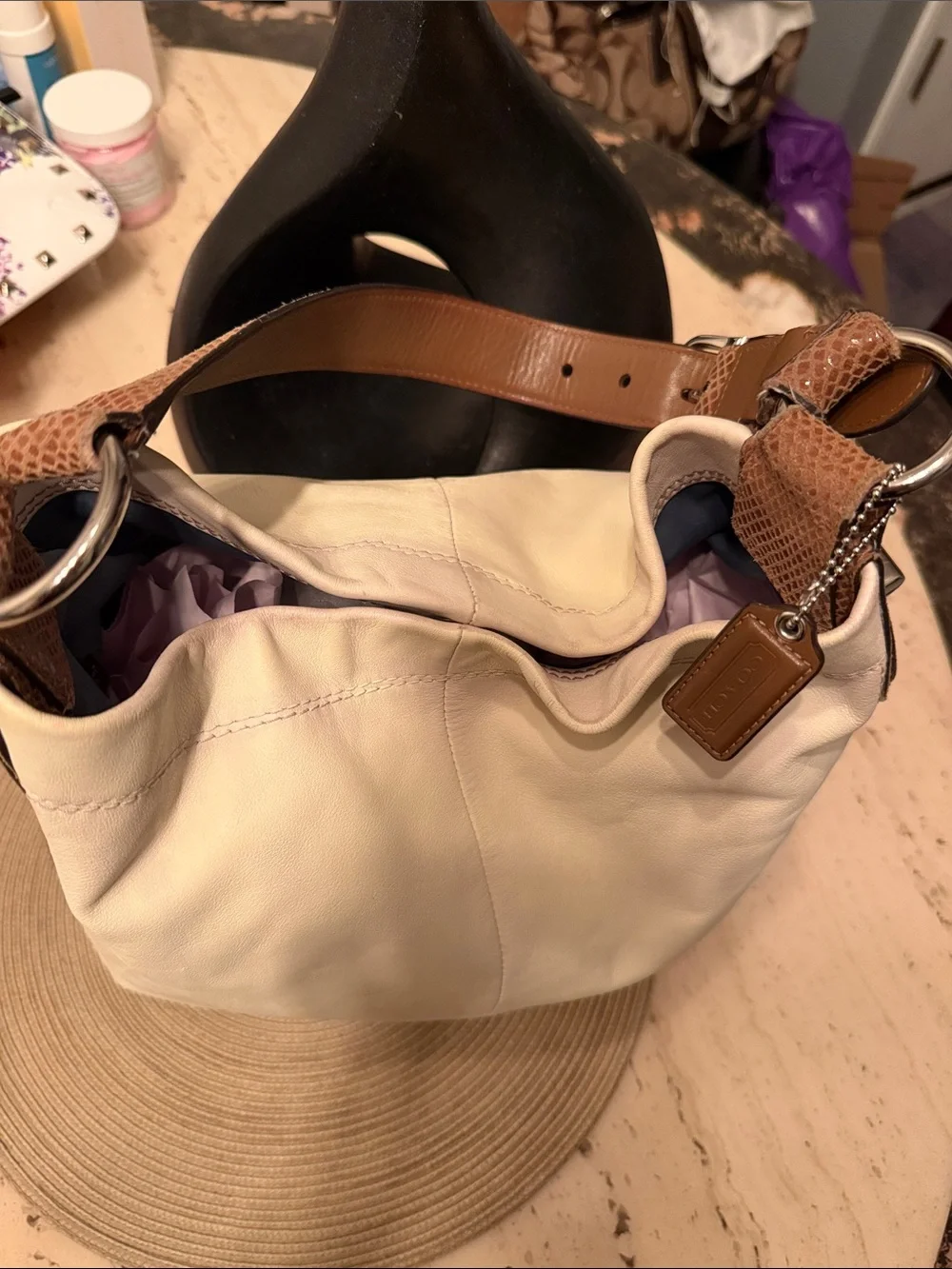 Coach 2011 Cream Hobo Bag with Brown Snake skin Patent Leather Trim & Hangtag